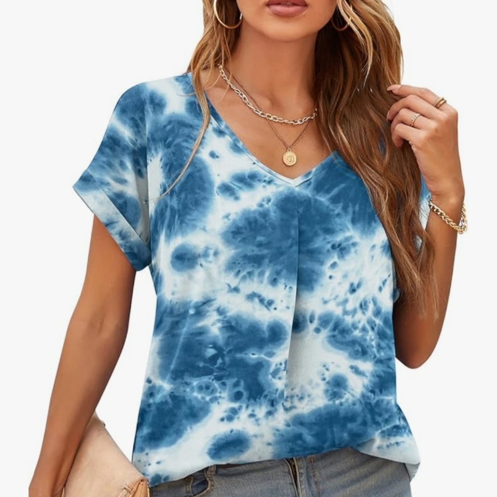 Blue Tie Dye V-Neck Blouse Top Sz M